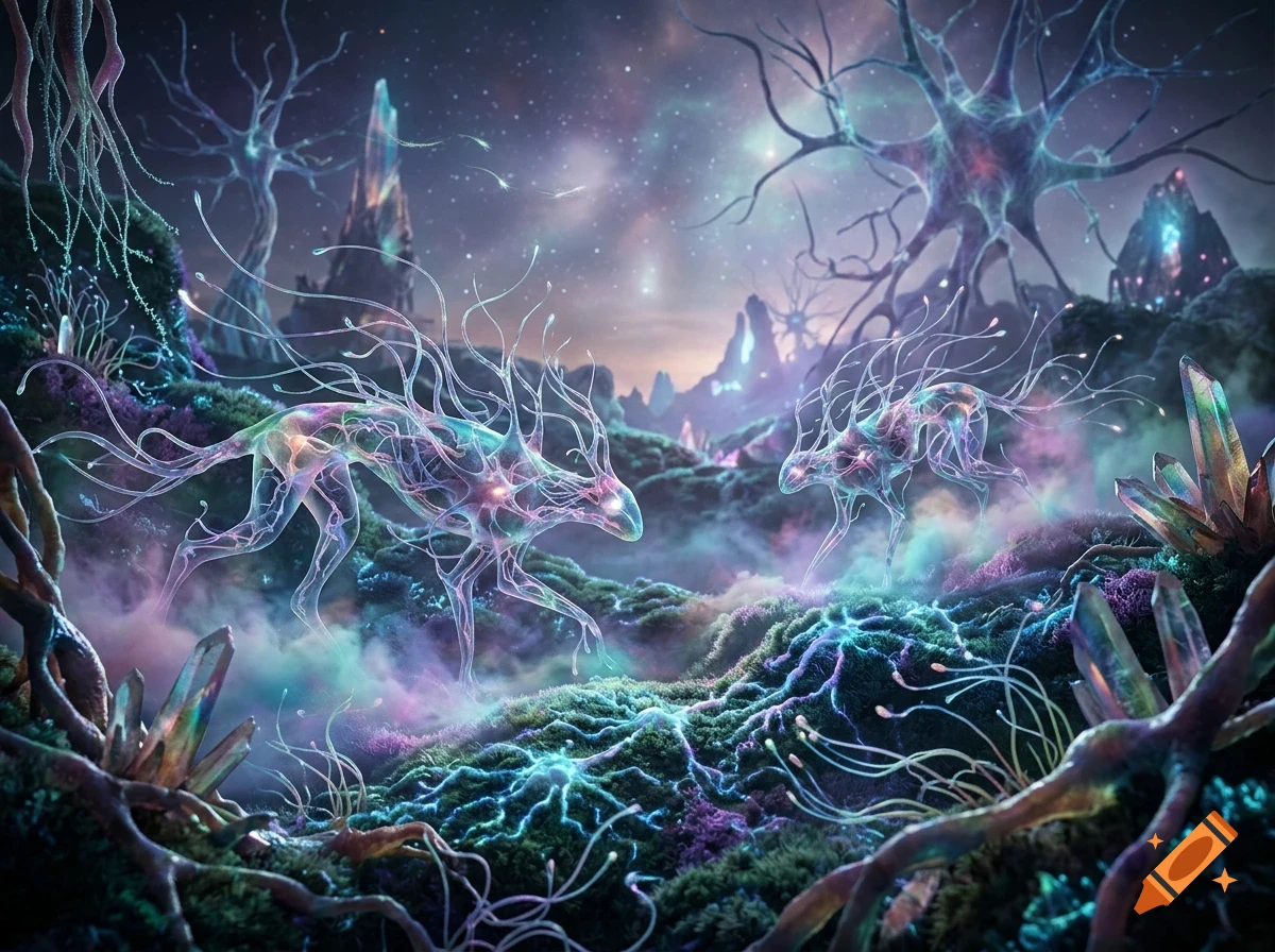 Fantasic alien landscape with bioluminescent creature-like structures, glowing crystals, nebulas, and strange cosmic flora.