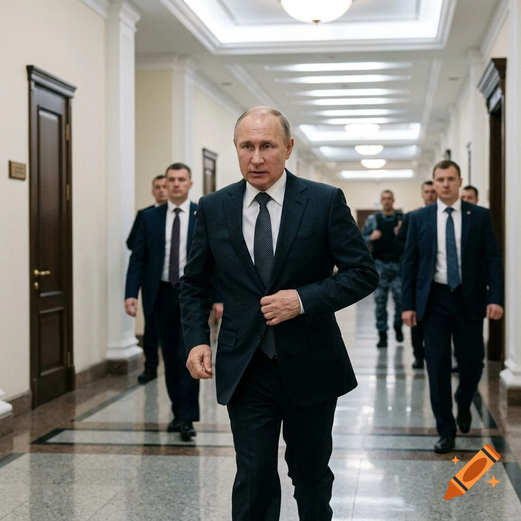 Photorealistic image of Vladimir Putin in a suit walking down a brightly lit hotel or office hallway, followed by security guards in dark suits.