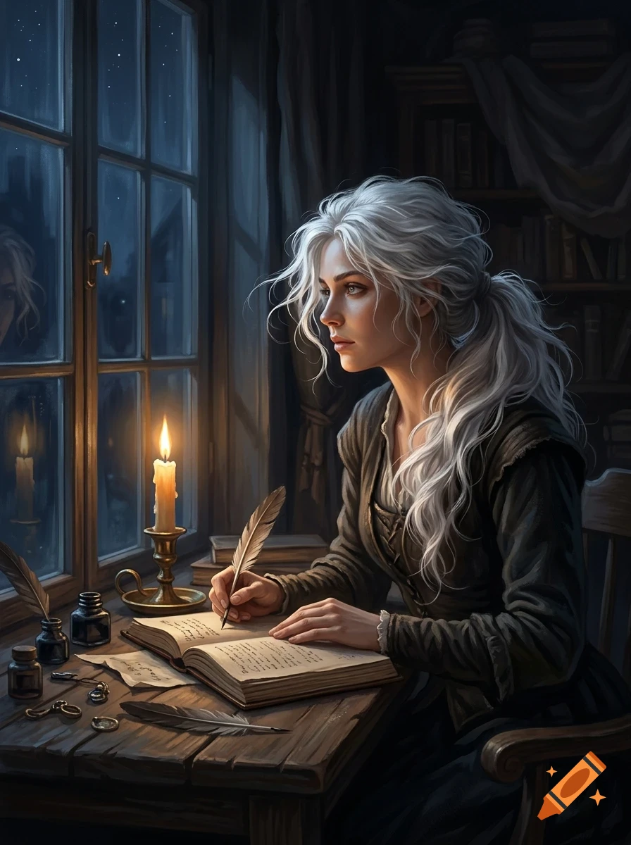 A woman with white hair sitting at a wooden desk by a window at night, writing in a book with a quill by candlelight.