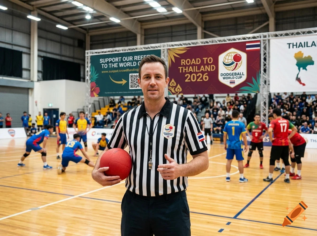 A dodgeball referee holding a red dodgeball on a court with players in the background.