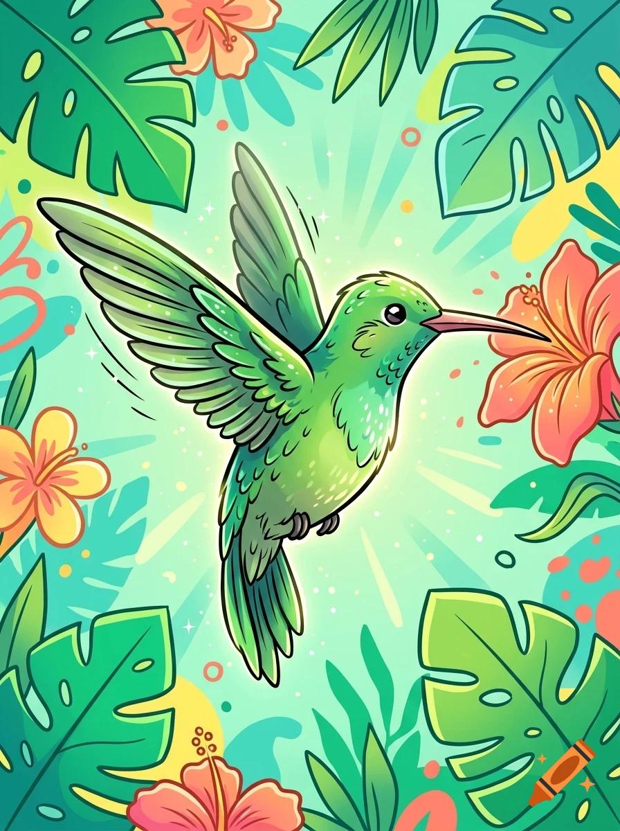 A colorful digital illustration of a vibrant green hummingbird hovering amidst tropical leaves and flowers against a bright background.