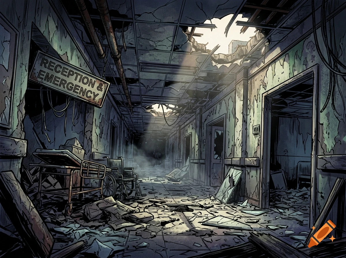 An illustrated view of a destroyed and abandoned hospital hallway, featuring debris on the floor, a wrecked gurney, and a hanging sign reading "RECEPTION & EMERGENCY".