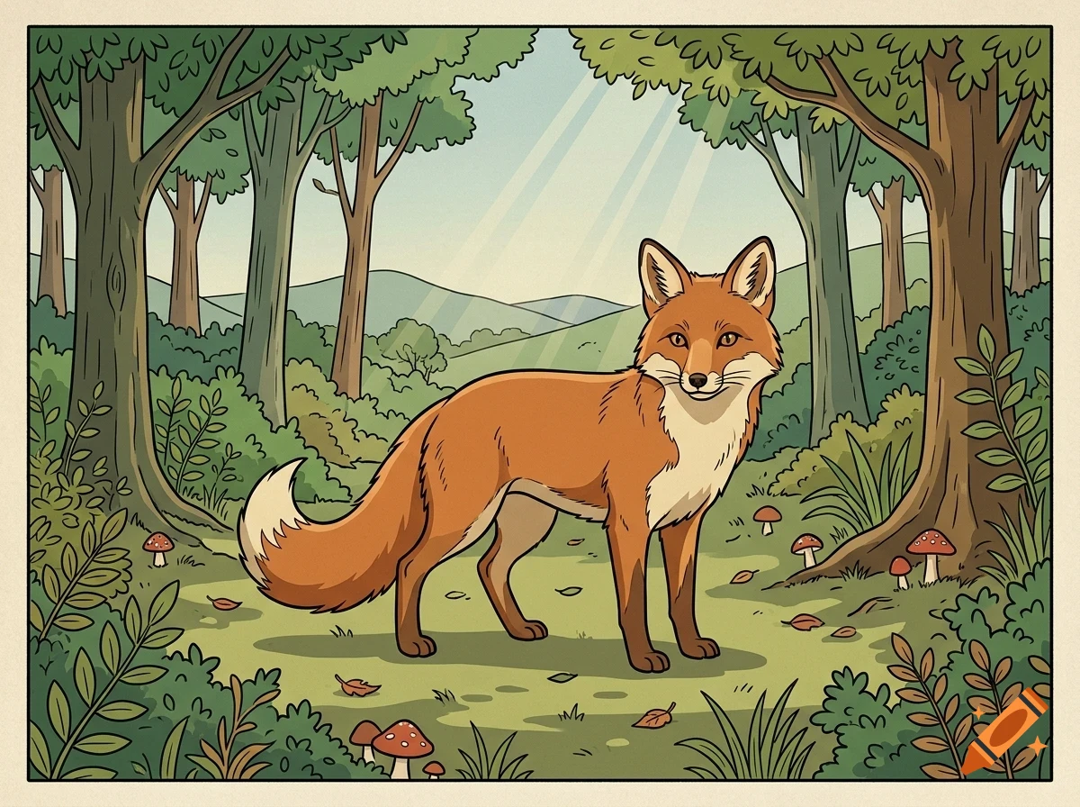 An illustrated red fox standing in a sunny forest clearing surrounded by trees, foliage, and mushrooms.