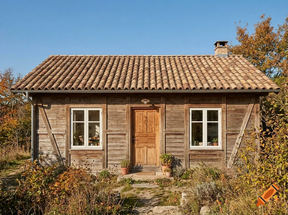A small rustic wooden cottage with a tiled roof, a wooden door, two white-framed windows, and a chimney, surrounded by autumn foliage under a clear blue sky.