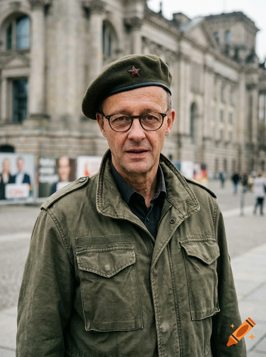 A middle-aged man wearing glasses, an olive green jacket, and a matching beret with a red star emblem, standing outdoors in front of a historic building.