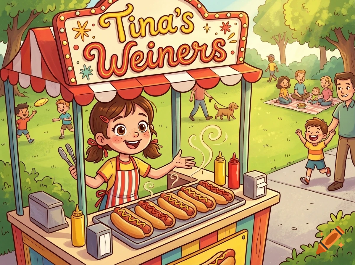 An illustrated cartoon of a young girl running a hot dog stand named Tina's Weiners in a park, with hot dogs grilling and people enjoying the park in the background.