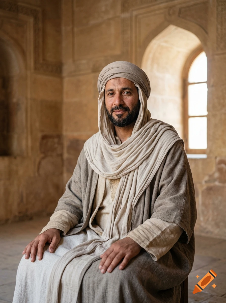 Photorealistic portrait of a middle-aged man wearing a traditional turban and robes inside an ancient stone building.