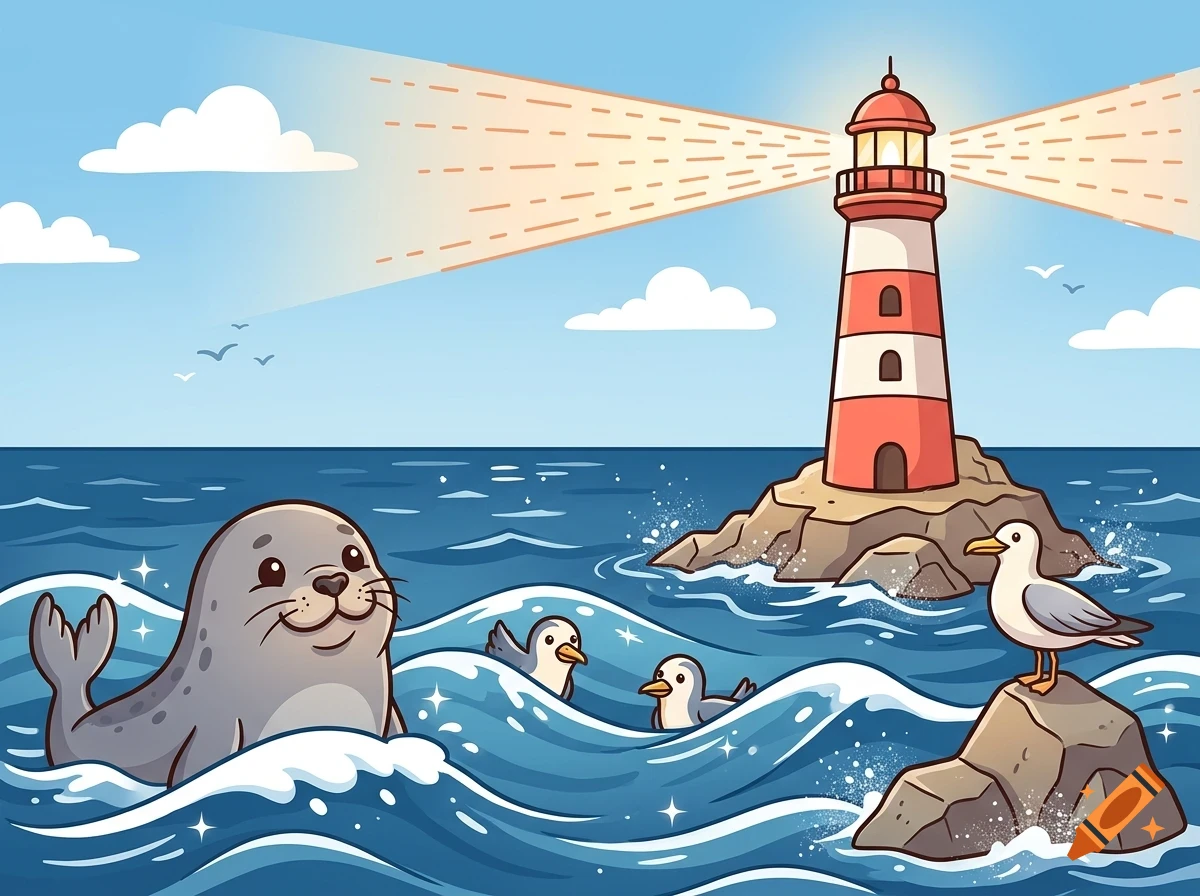 A friendly seal smiling in the ocean waves near a red and white lighthouse, with seagulls flying and perched on rocks.