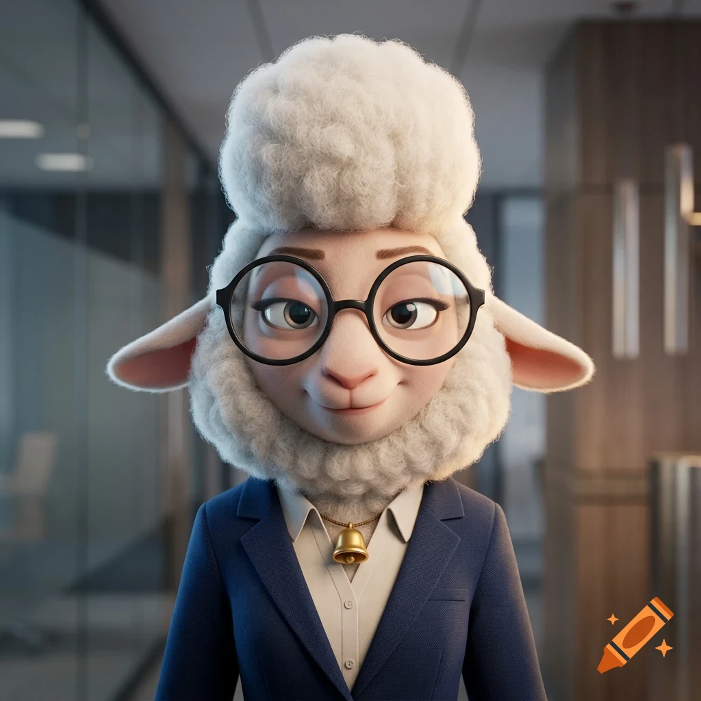 An anthropomorphic sheep wearing round glasses, a blue blazer, a white collared shirt, and a small bell necklace, rendered in a 3D animated style inside an office setting.