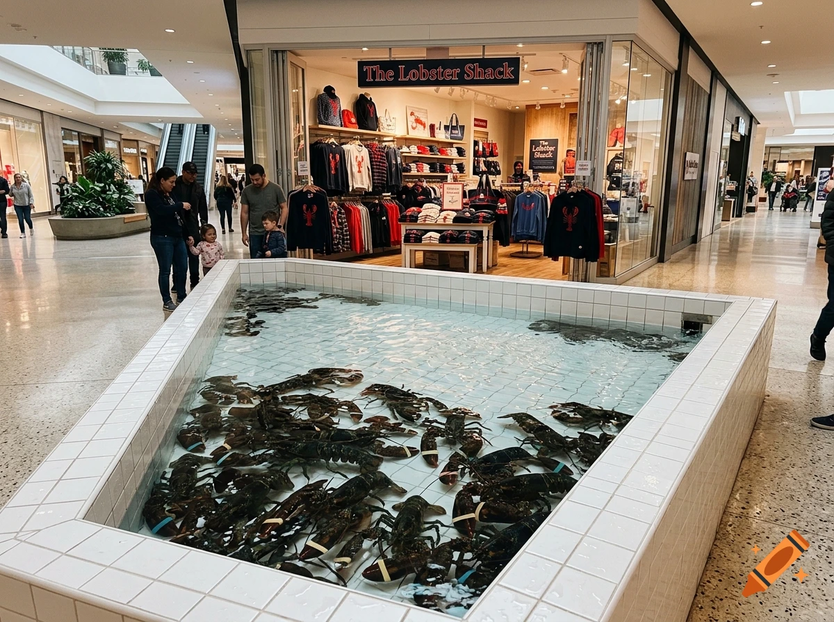 Photorealistic image of a indoor shopping mall with a large white tiled pool filled with live lobsters, with a lobster apparel store in the background.