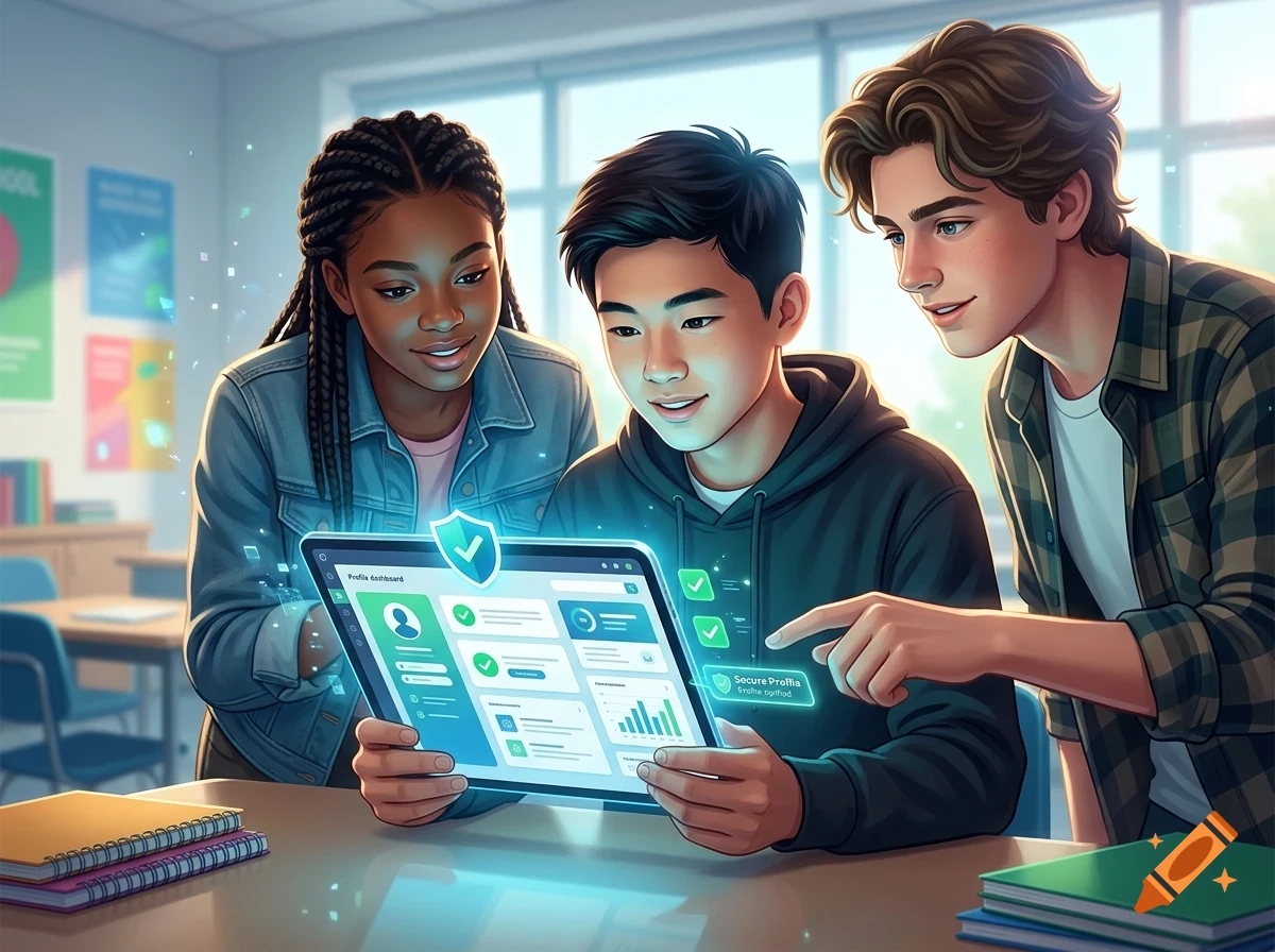 Three students collaborating around a glowing tablet displaying a secure profile dashboard in a classroom setting.