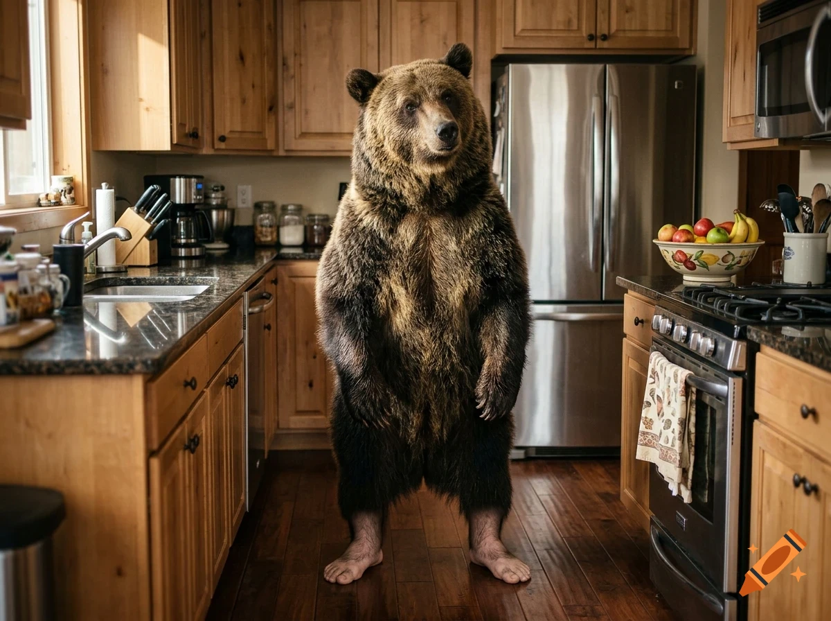 A large brown bear standing upright on human-like feet inside a modern kitchen with wooden cabinets and stainless steel appliances.