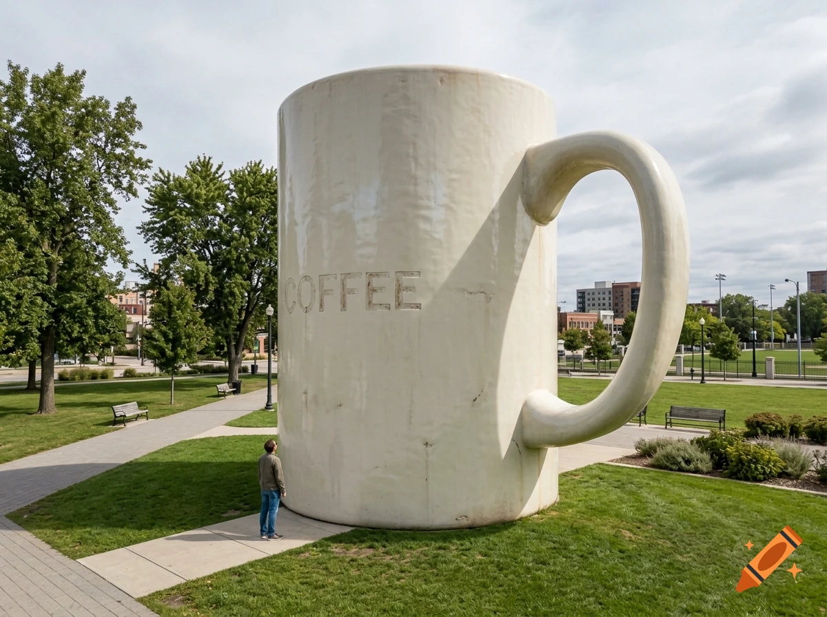 A giant three-story coffee mug sculpture in a public park with a person standing beside it for scale, photorealistic.