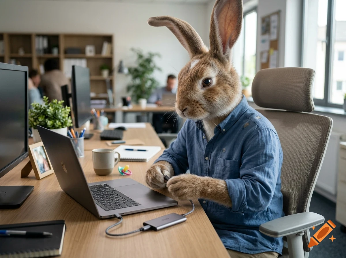 A person with the head of a rabbit wearing a blue button-down shirt is sitting at an office desk and working on a laptop.