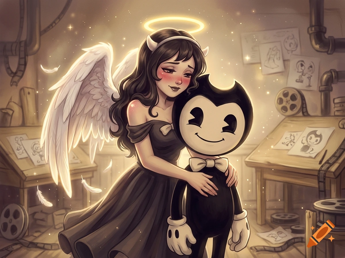 Alice the Angel hugging Bendy from behind in an artist's studio, digital illustration style.