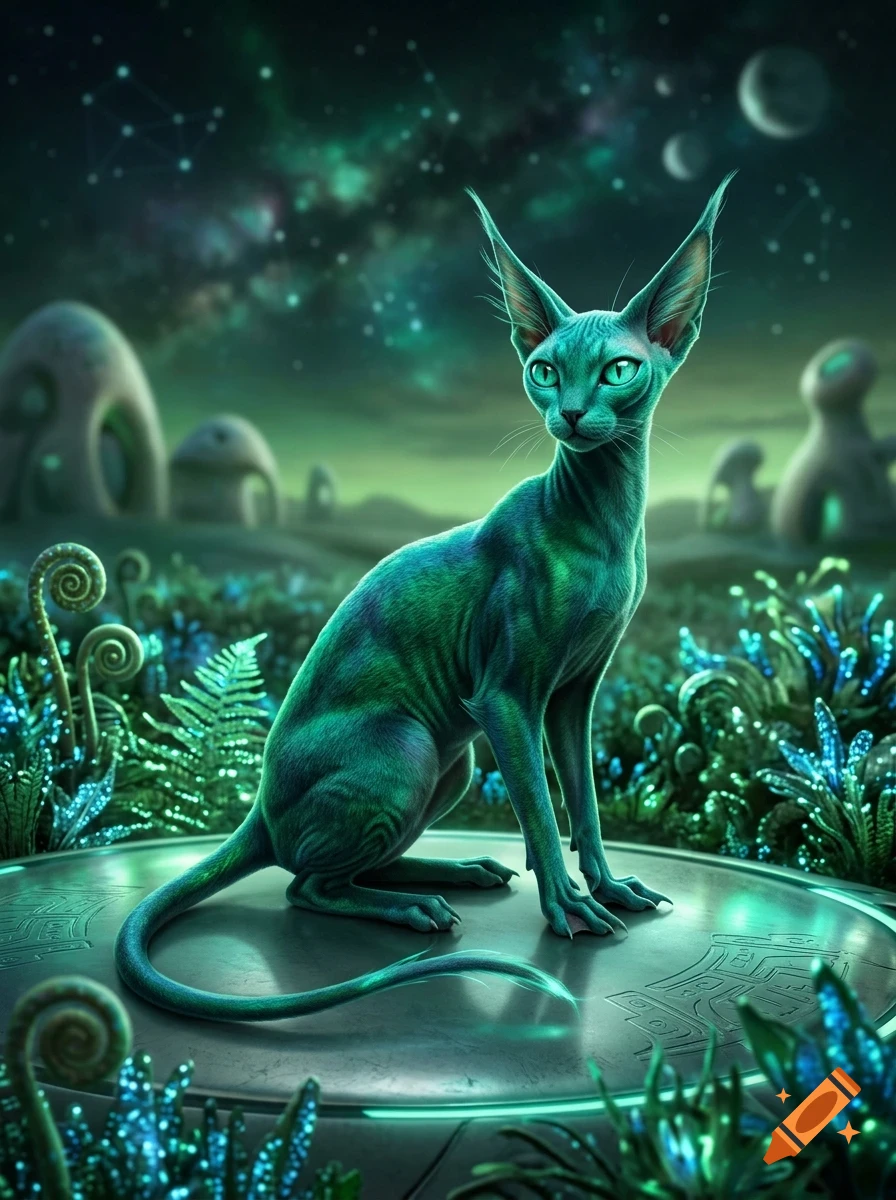An alien cat-like creature with green skin and large pointed ears sitting on a glowing platform in a bioluminescent alien landscape under a starry sky.