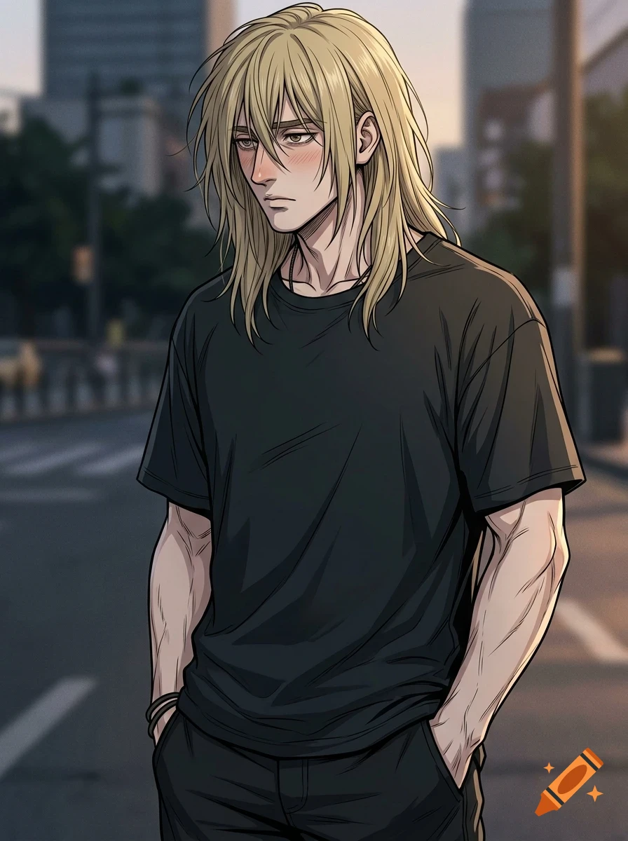 An illustrated anime-style portrait of a young man with long blonde hair and a black t-shirt standing on a city street.