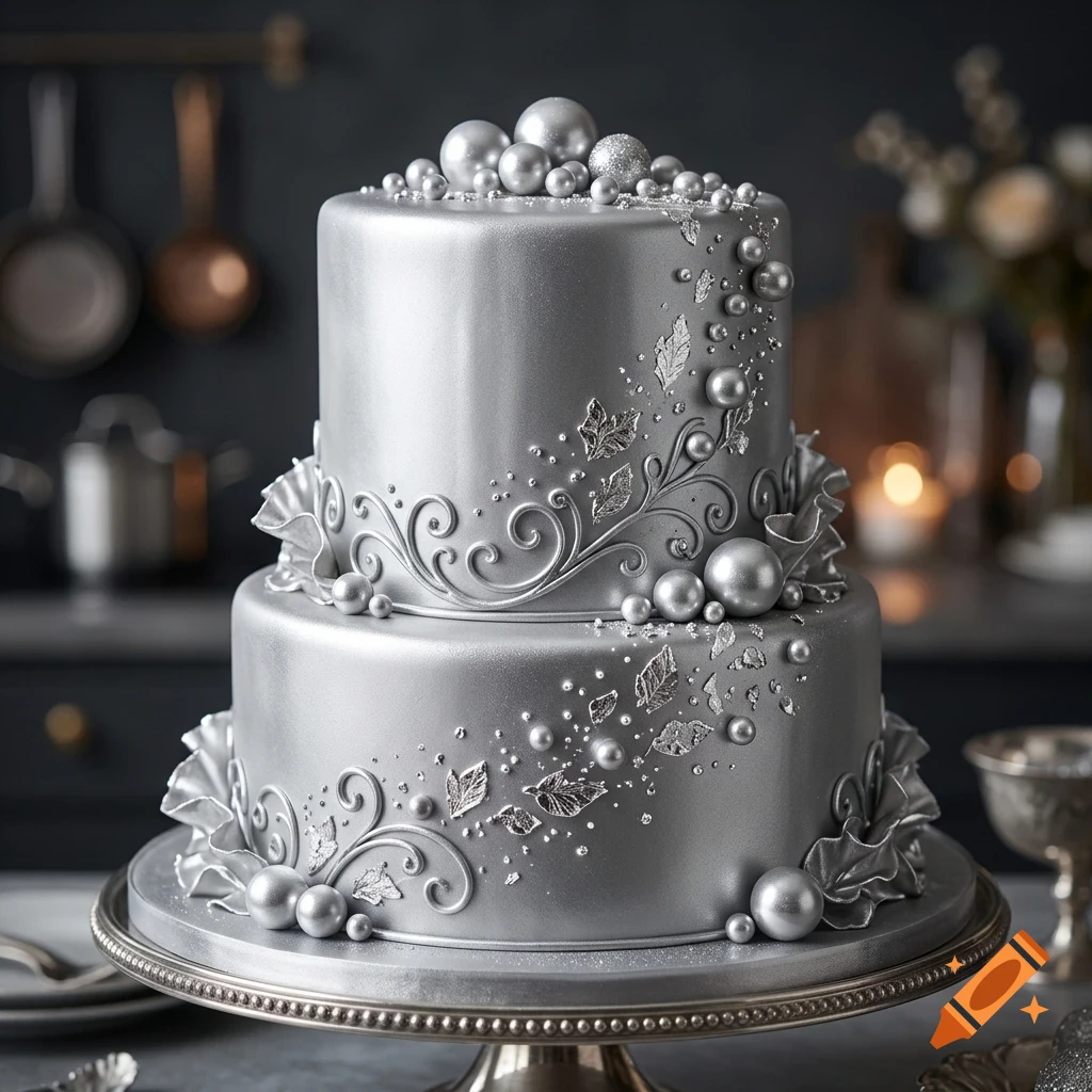 A two-tiered silver cake adorned with metallic spheres, scrollwork, and leaf details, displayed on a cake stand.