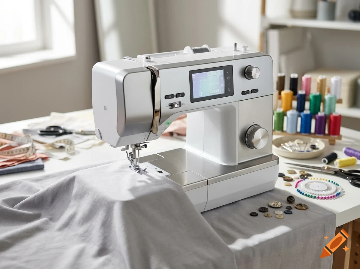 A modern white and silver sewing machine sits on a white table, with grey fabric fed under the needle, surrounded by spools of thread, buttons, pins, and scissors.