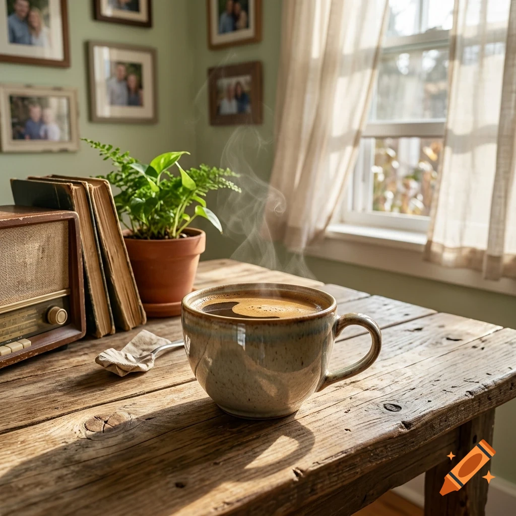 A steaming mug of coffee sits on a rustic wooden table next to an old radio, a potted plant, and stacked books, with a window and framed photos in the background.