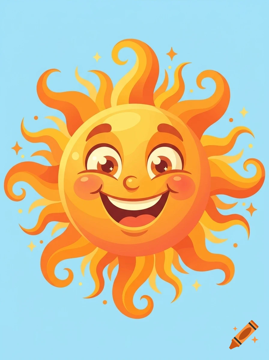 A cheerful cartoon sun with a smiling face, rosy cheeks, and swirling rays against a blue sky background.