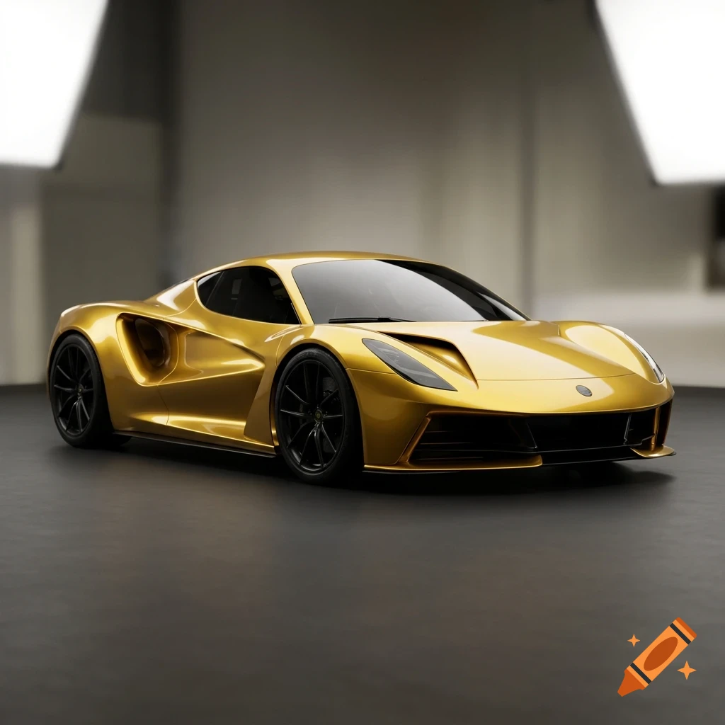 A sleek, modern golden sports car parked in a minimalist indoor studio with bright overhead lights.