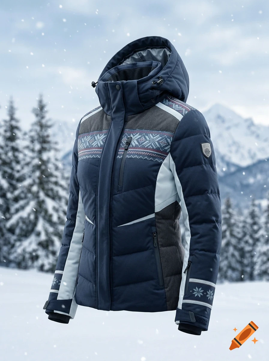 A navy blue hooded winter jacket with Nordic patterns and light blue accents, displayed against a snowy mountain landscape.