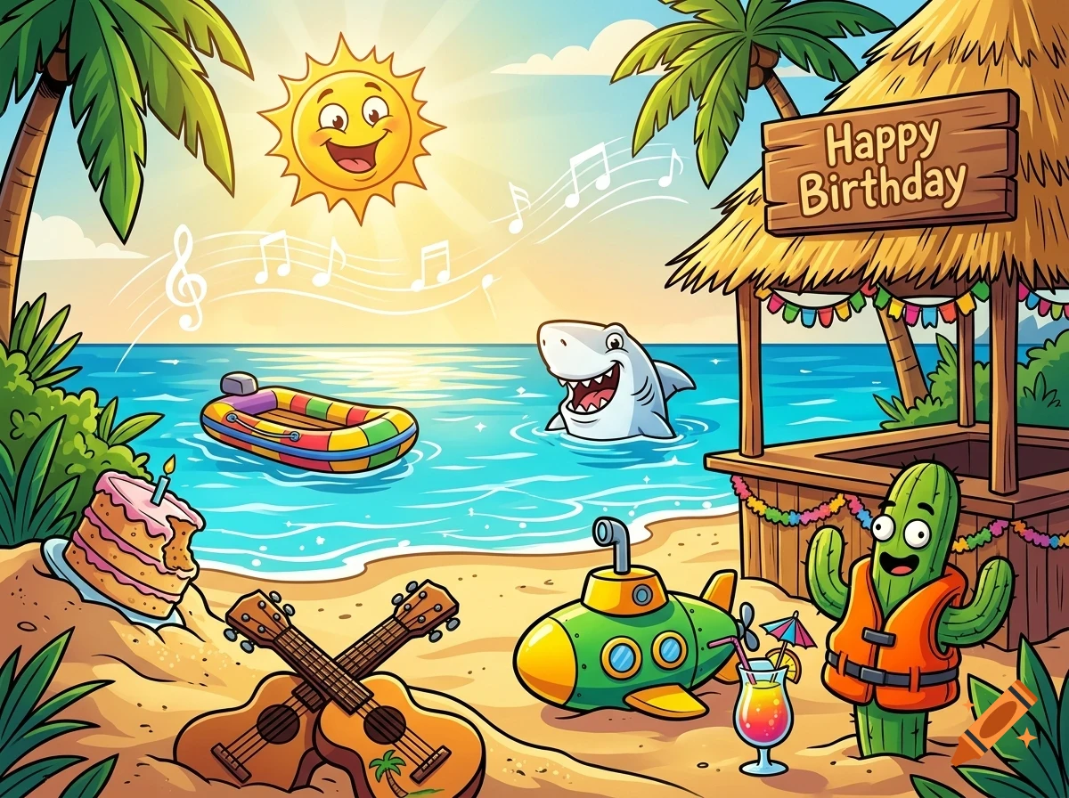 A whimsical cartoon illustration of a tropical beach birthday scene with a smiling sun, shark, tiki hut, and birthday cake.