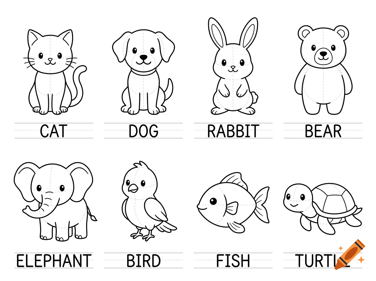 Black and white educational illustrations of eight animals with their corresponding names written underneath.
