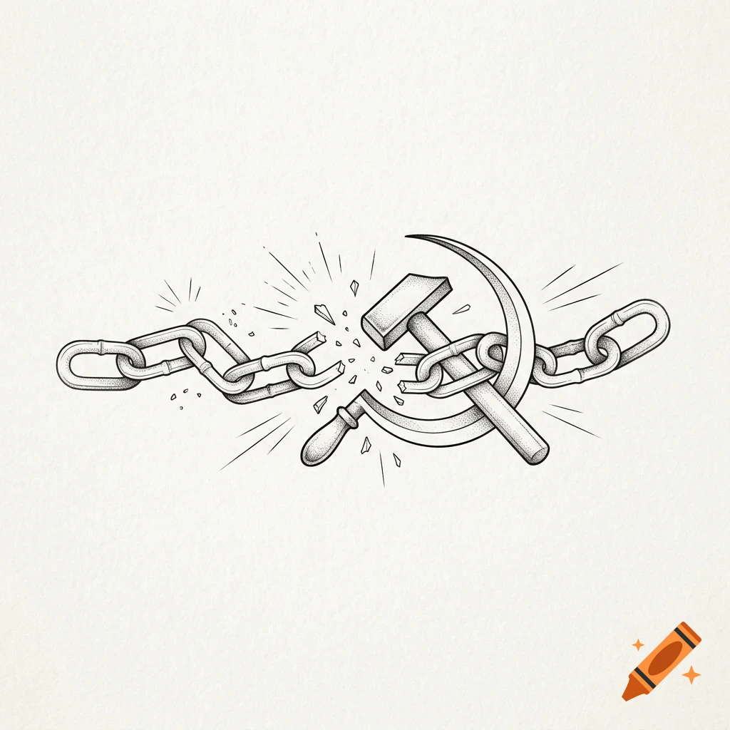 An ink drawing of a hammer and sickle breaking a chain into two pieces with motion lines and flying debris.