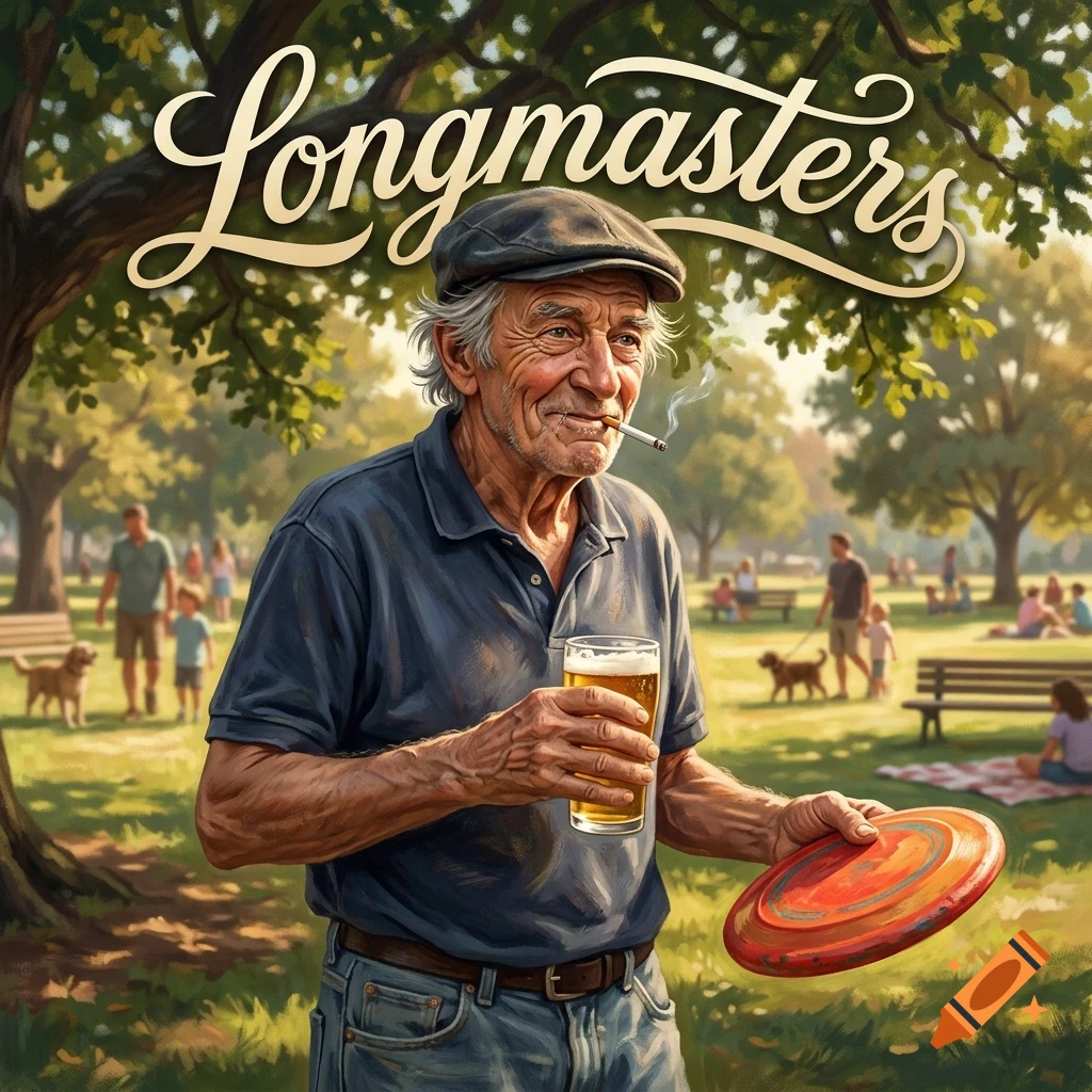 An older man smoking a cigarette and holding a glass of beer and a frisbee in a park with trees and other people in the background, with the word Longmasters at the top.