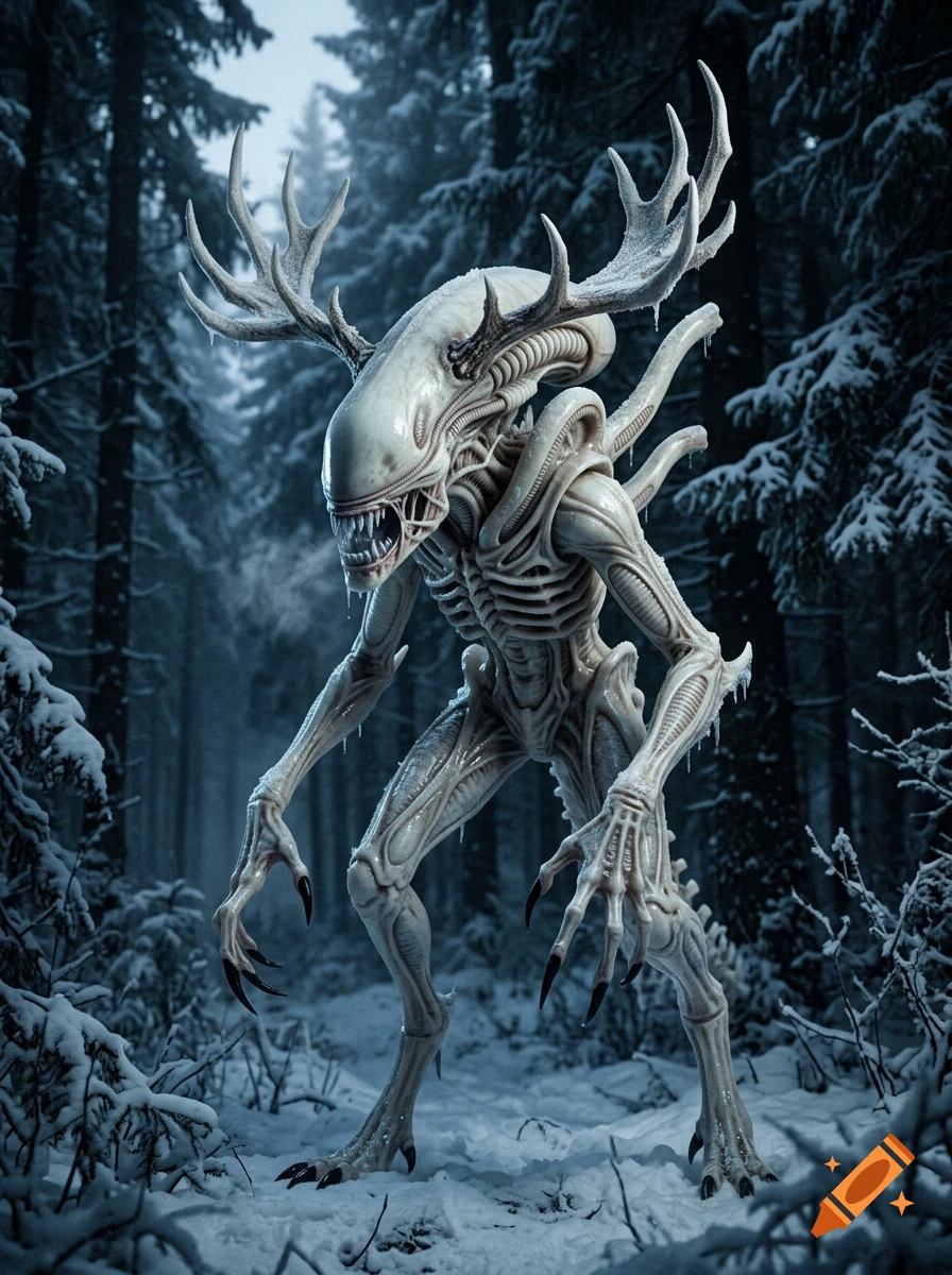 A photorealistic white xenomorph-wendigo hybrid creature standing in a snowy forest.