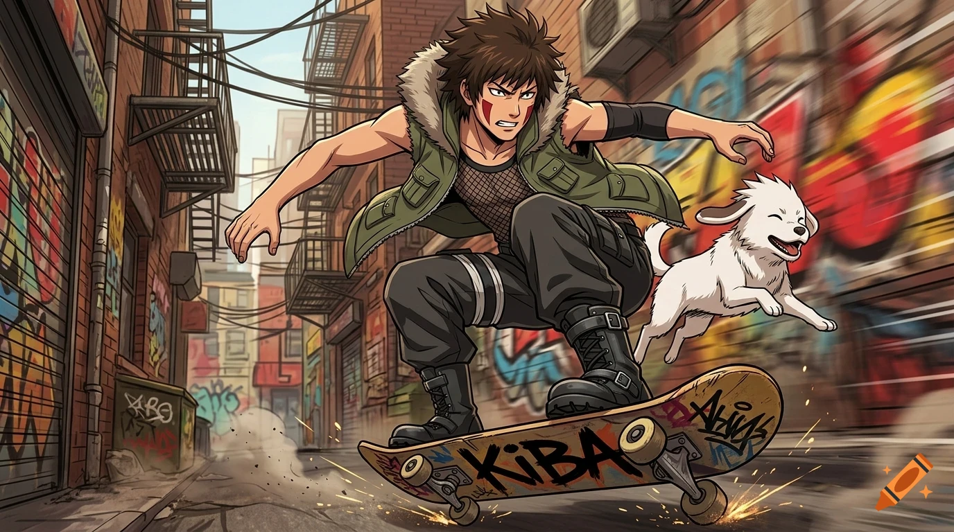 An anime-style illustration of a young man skateboarding down a narrow alleyway with a small white dog running alongside him.