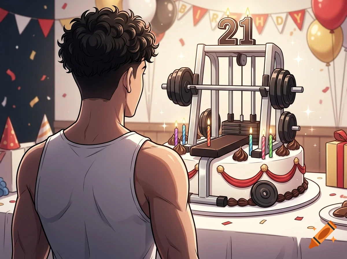 A young man with curly dark hair looks at a birthday cake shaped like a gym weight machine with a 21 topper and candles.