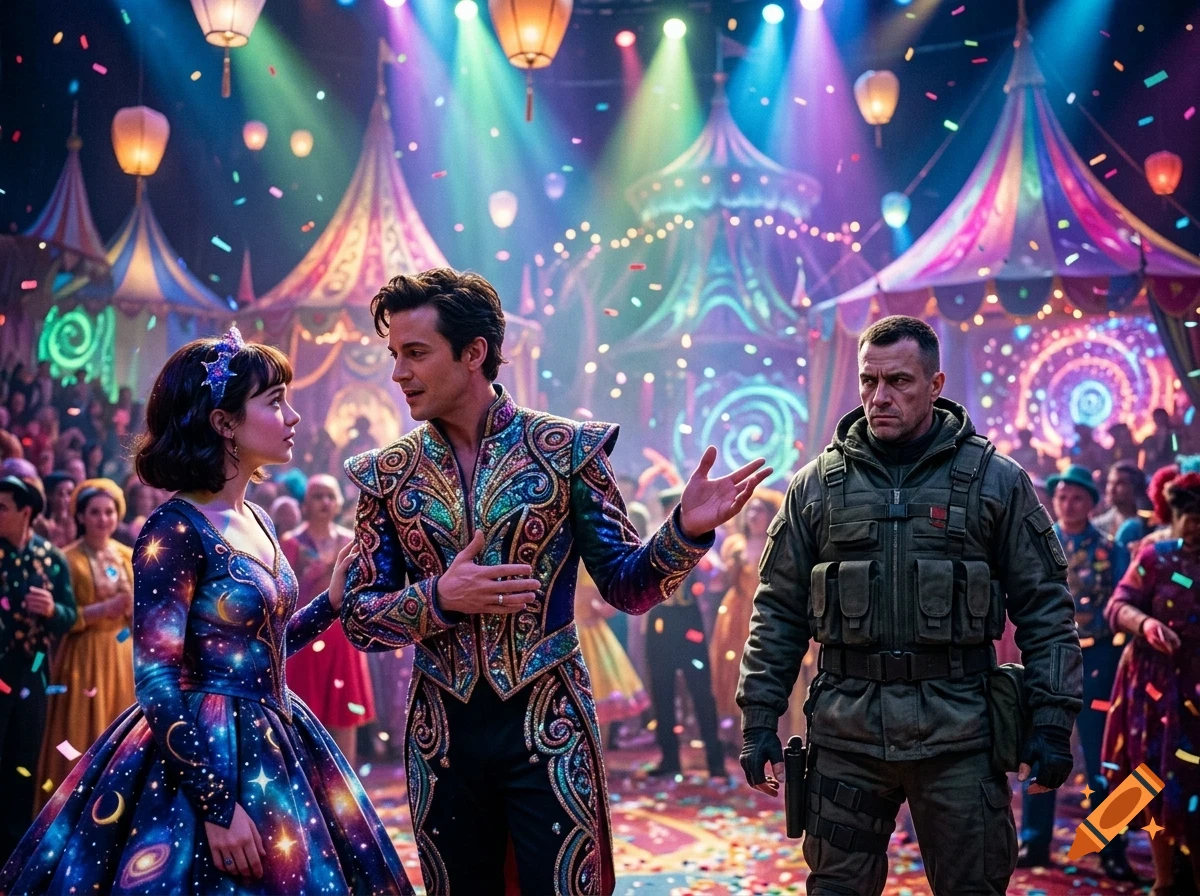 A man and woman in ornate, colorful costumes stand talking in a brightly lit circus tent, with a soldier in tactical gear standing nearby.
