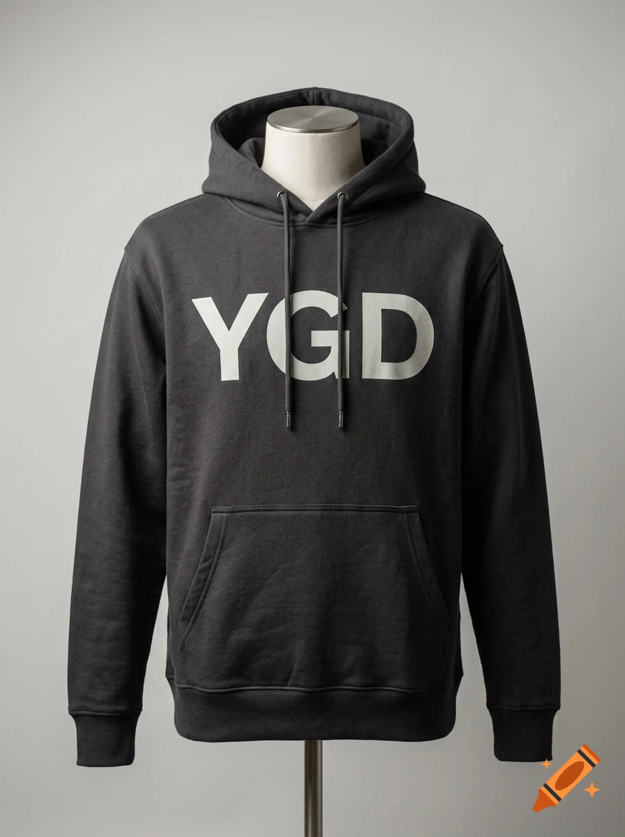 A dark grey hooded sweatshirt with the letters YGD printed in white on the front, displayed on a mannequin.