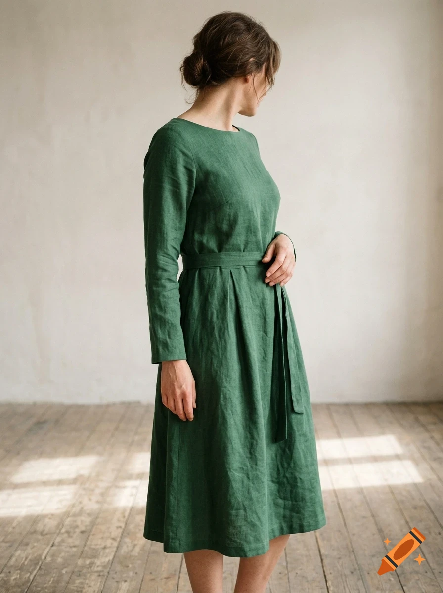 A woman wearing a long-sleeved green dress standing in a room with a wooden floor.