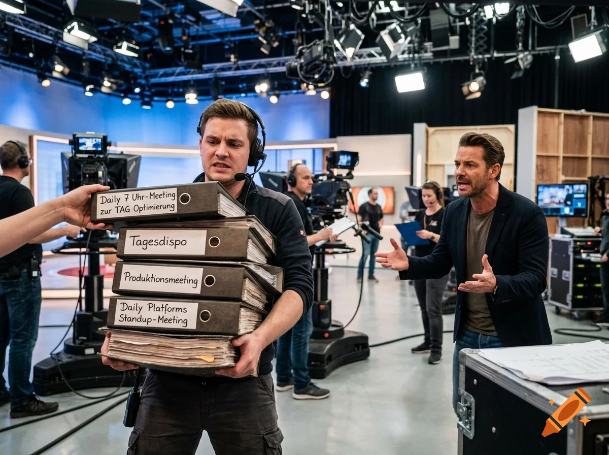 A man in a TV studio carrying a stack of large binders labeled with German meeting titles, while another man gestures towards him in frustration.