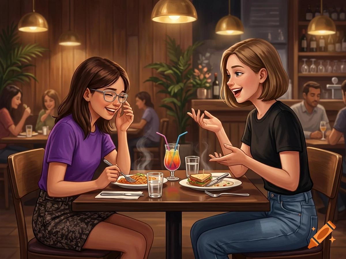 Two teenage girls chatting and smiling while eating at a restaurant table, illustrated style.