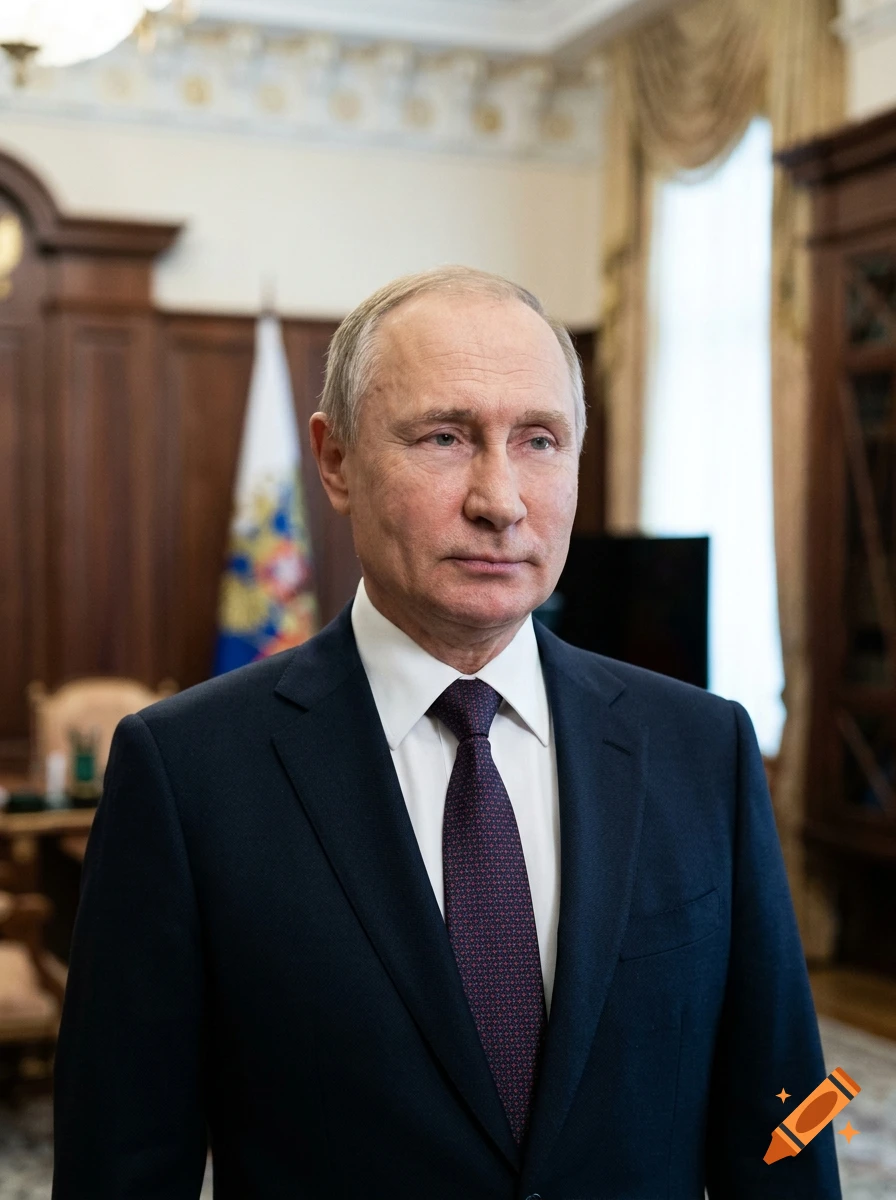 A portrait of Vladimir Putin wearing a dark suit and patterned tie indoors.