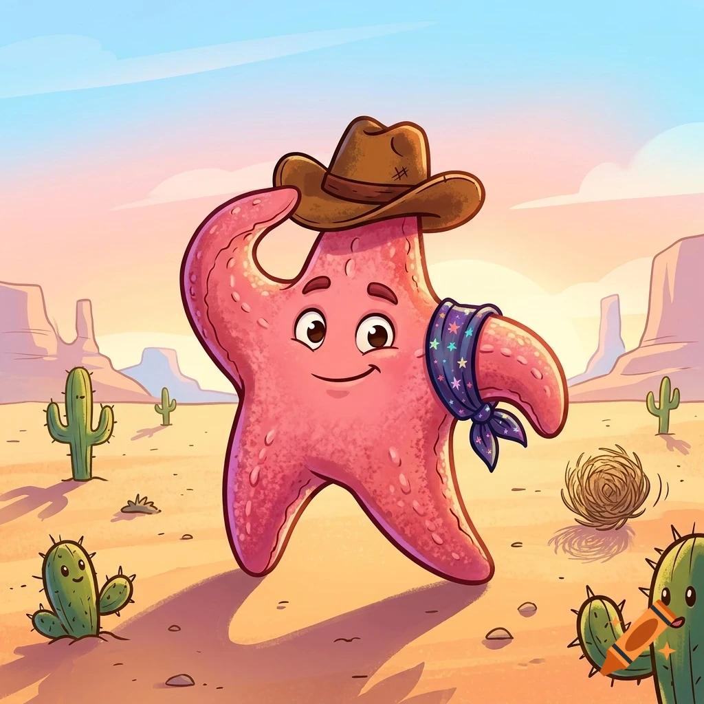 A friendly pink starfish wearing a cowboy hat and a patterned bandanna stands in a desert landscape with cacti and a tumbleweed.