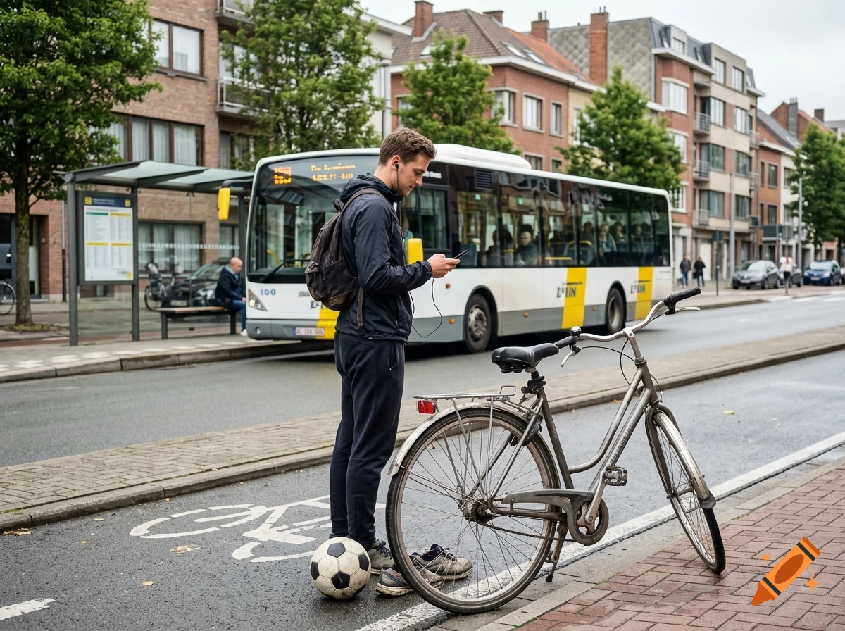 A man standing by a bicycle on a city street next to a De Lijn bus while looking at his smartphone.