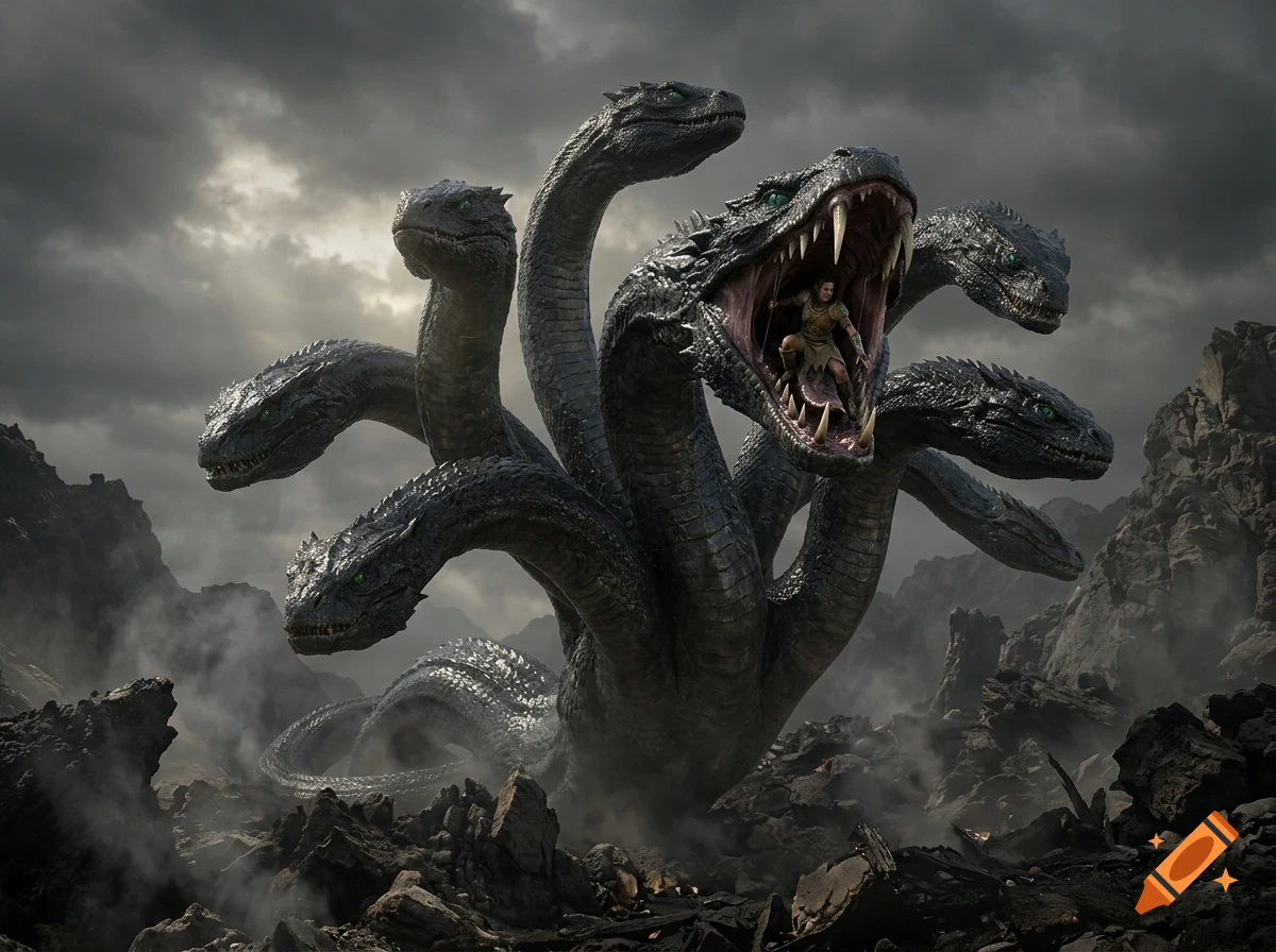 A massive multi-headed hydra with dark scaly skin stands in a rocky, mountainous landscape under a cloudy sky, with a warrior trapped inside its open jaw.