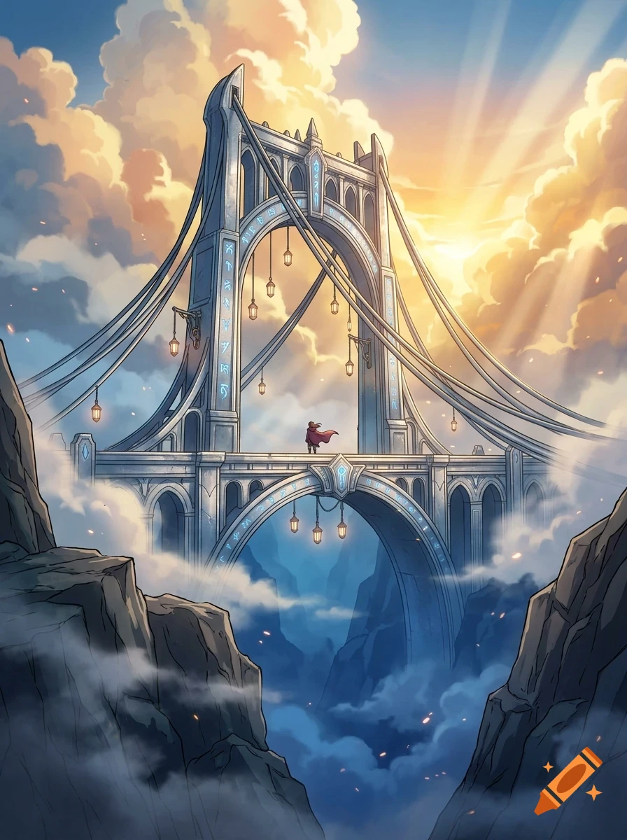 An illustration of a lone figure standing on a grand suspension bridge spanning a chasm filled with clouds at sunset.