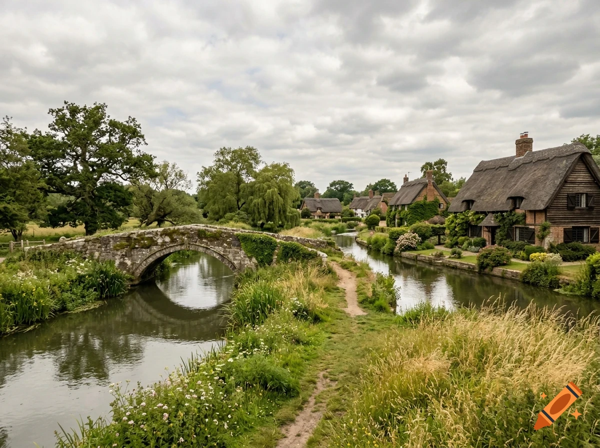 An idyllic English village scene featuring a stone bridge over a calm river, traditional thatched-roof cottages, and lush green trees under a cloudy sky.