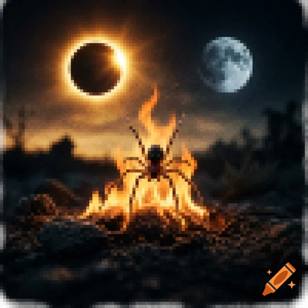 Pixel art of a spider in front of a campfire with an eclipse and a moon in the sky