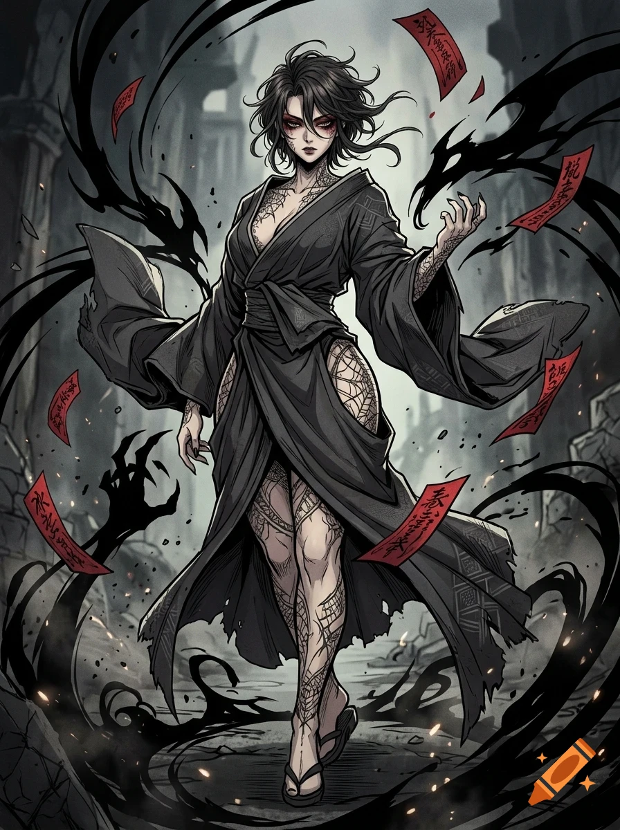 An anime illustration of a dark-haired woman in a black robe surrounded by floating black energy and red talismans.