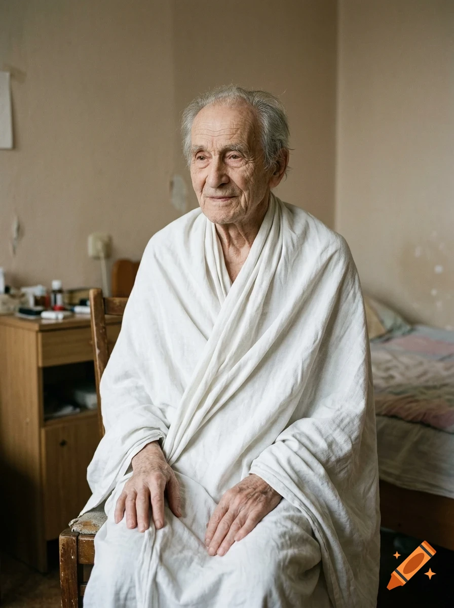 Portrait of an elderly man wrapped in a white cloth, sitting on a chair indoors.