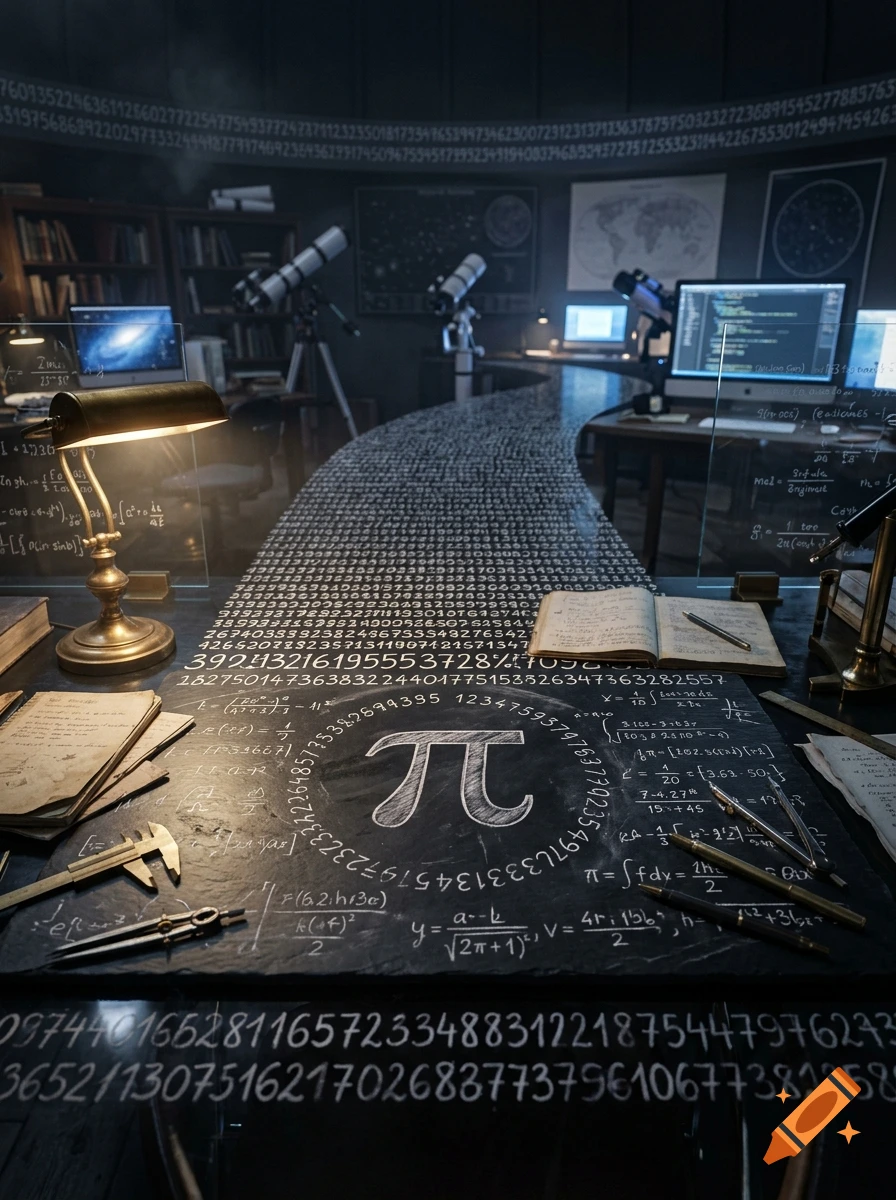 A detailed dark room with a glowing desk featuring a large pi symbol, equations, mathematical numbers, and a long hallway of digits.