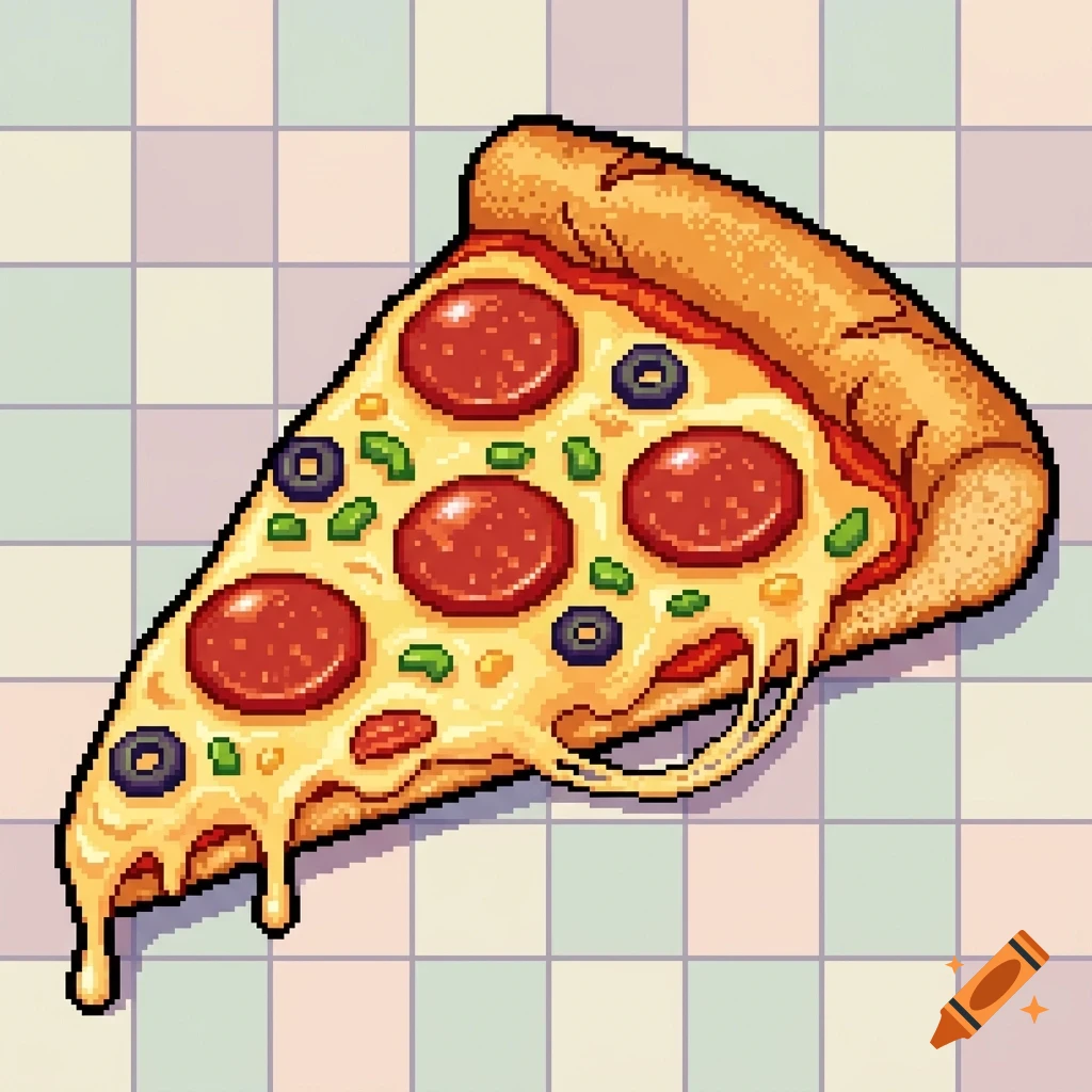 A pixel art illustration of a single slice of pizza with pepperoni, olives, and melted cheese dripping down against a pastel tiled background.